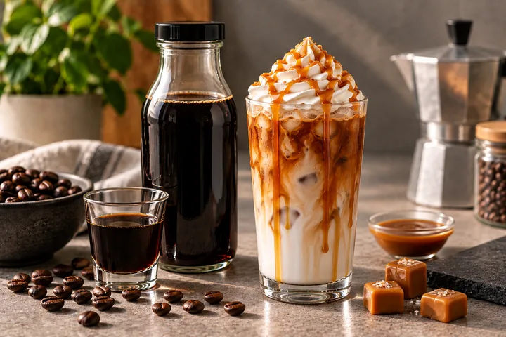 Iced Caramel Latte mit Kaffeekonzentrat – schnelles Rezept